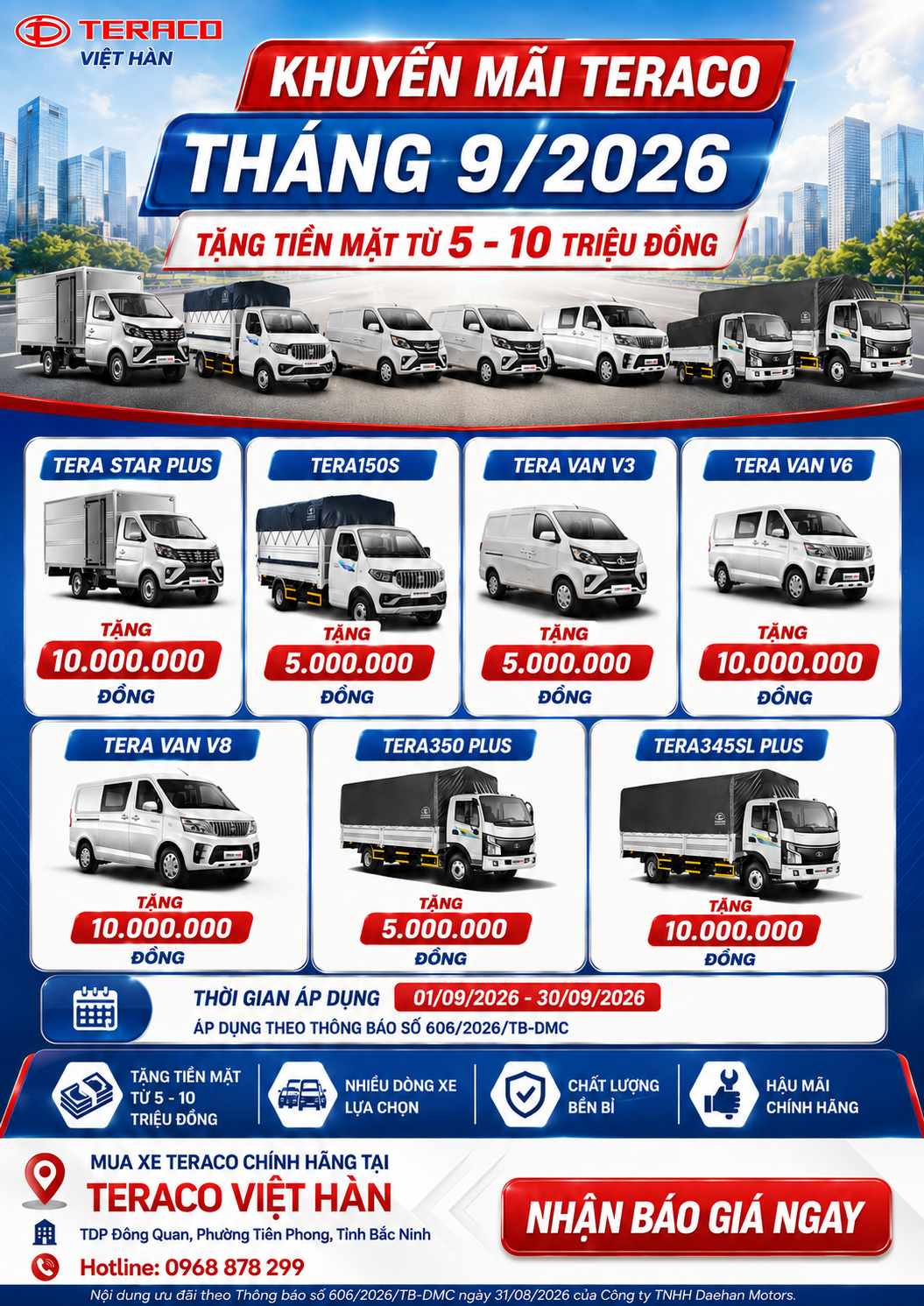 BÁO GIÁ XE TẢI TERACO THÁNG 9/2026 TẠI BẮC NINH, BẮC GIANG, THÁI NGUYÊN, LẠNG SƠN – ƯU ĐÃI ĐẾN 10 TRIỆU