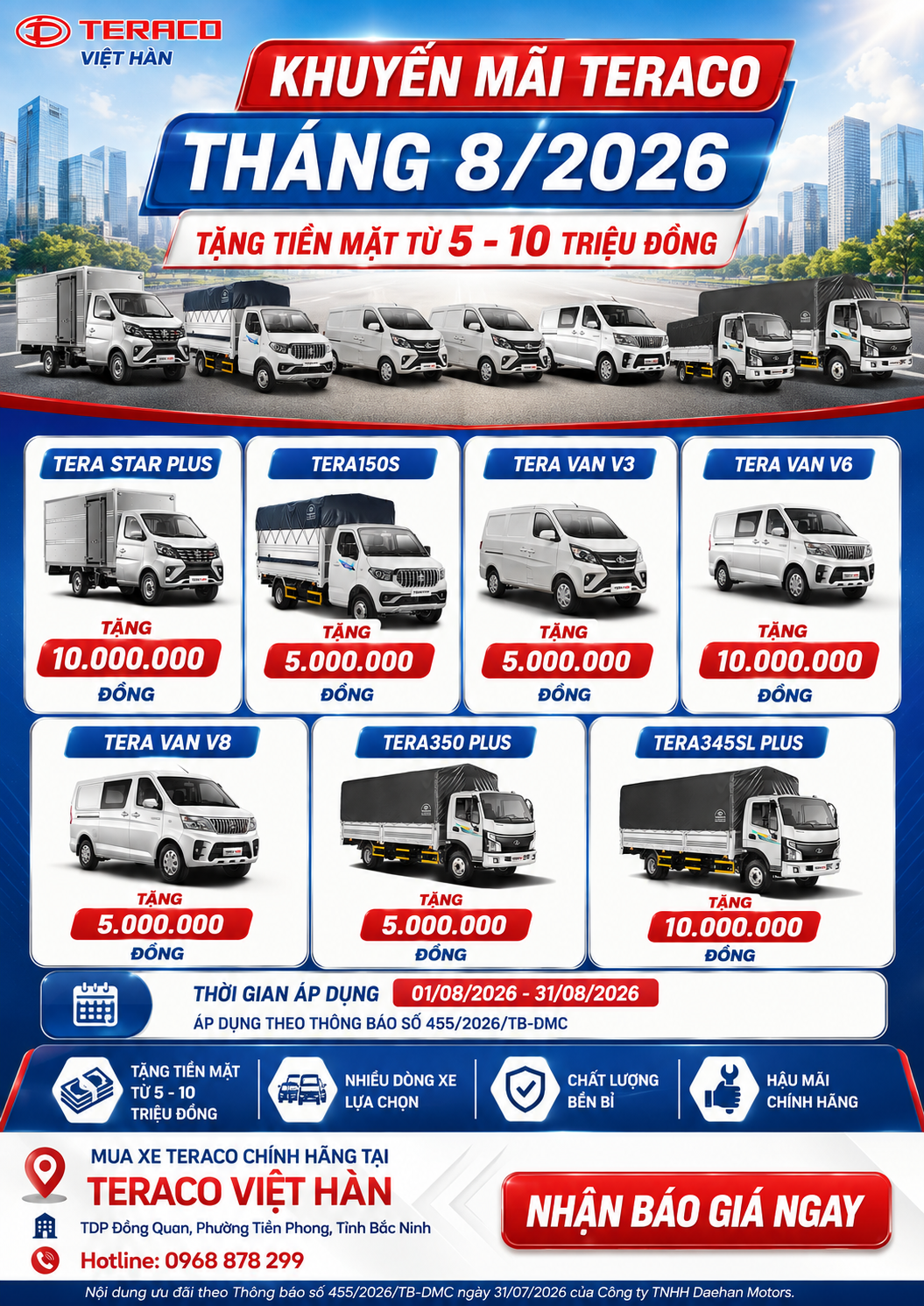 Khuyến Mãi Xe TERACO Tháng 8/2026 – Tặng Tiền Mặt Đến 10 Triệu Đồng